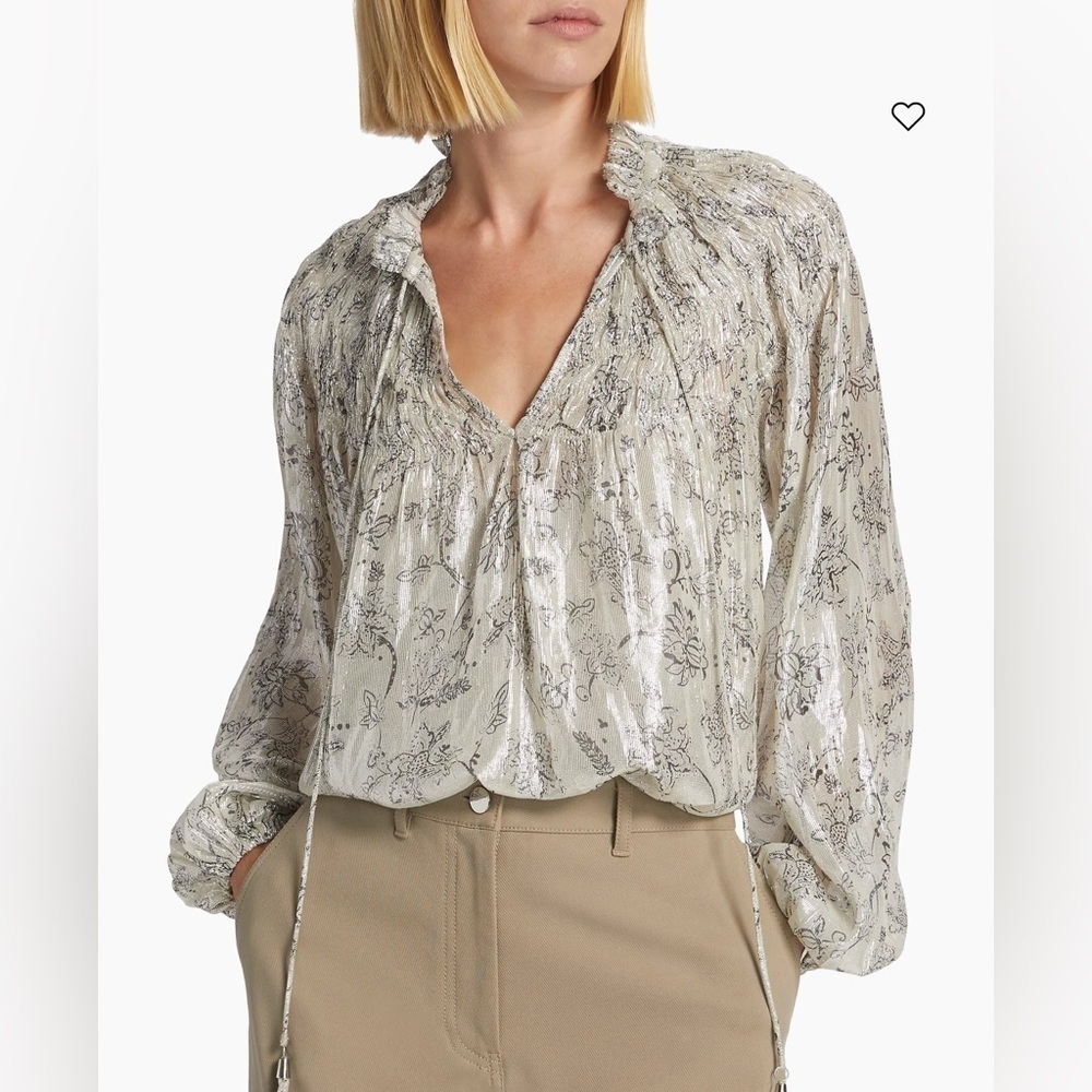 NWOT Love the Label Meredith Smocked Metallic Top Sz S Sabina Lurex Print